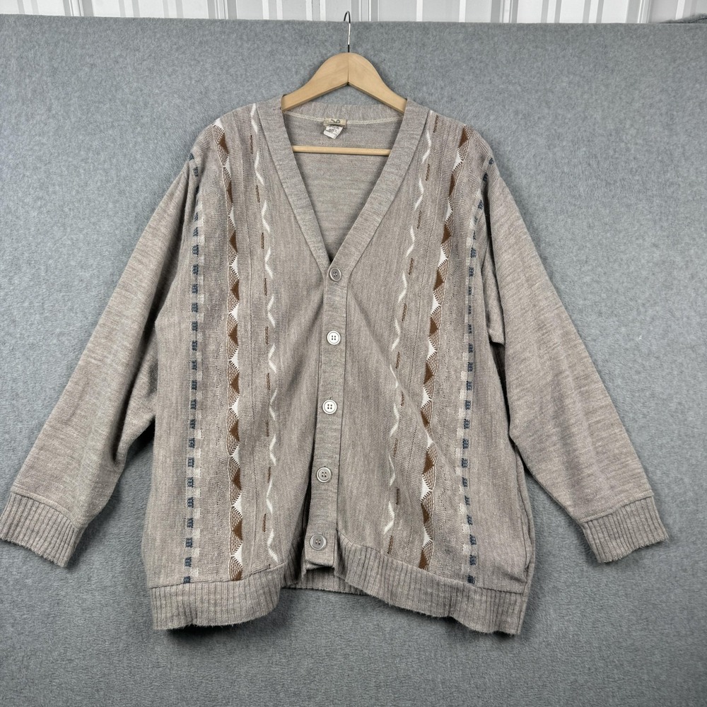 Haband Cardigan Sweater Mens XL Tan Vintage‎ 90s Geometric Knit USA Grandpacore